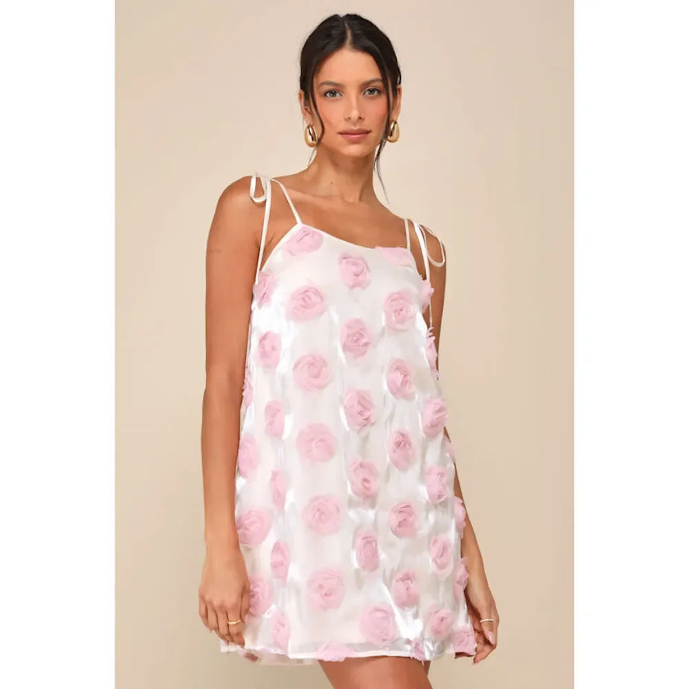 Lulus Luminous Glow Shiny Ivory Rosette Tie-strap Mini Dress White - Size L - Picture 1 of 1
